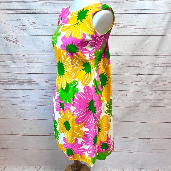 Vintage Hawaiian MCM Mid Century Mod Neon Flower Power Shift Cape Dress - Picture 8 of 14